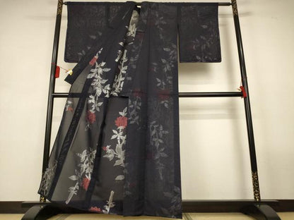 平和屋着物＊夏物　小紋　紗　草花文　銀糸　正絹　逸品　未使用　AABL2792jd