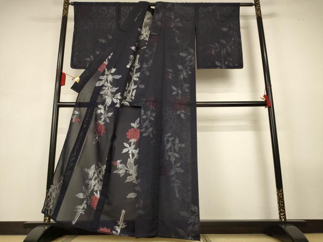 平和屋着物＊夏物　小紋　紗　草花文　銀糸　正絹　逸品　未使用　AABL2792jd