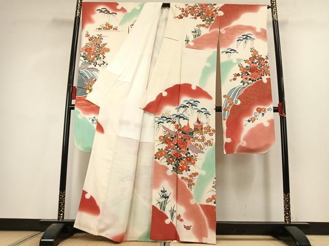 平和屋着物●豪華振袖　駒刺繍　風景花文　暈し染め　金彩　正絹　逸品　AABL2810fy