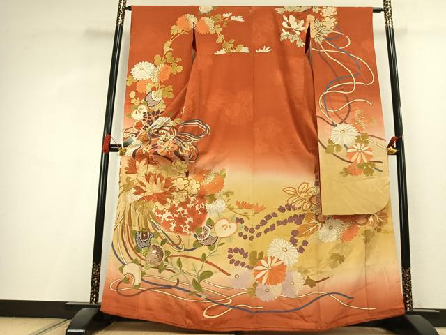 平和屋本店●アンティーク　大正ロマン　振袖　駒刺繍　草花文　暈し染め　金糸　正絹　逸品　AABL2812fy