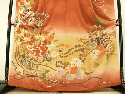 平和屋本店●アンティーク　大正ロマン　振袖　駒刺繍　草花文　暈し染め　金糸　正絹　逸品　AABL2812fy