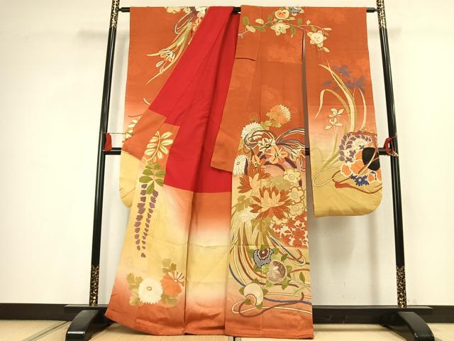 平和屋本店●アンティーク　大正ロマン　振袖　駒刺繍　草花文　暈し染め　金糸　正絹　逸品　AABL2812fy