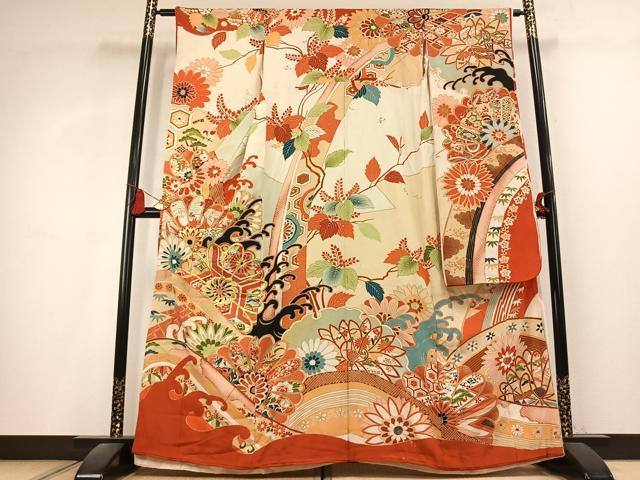 平和屋本店●アンティーク　大正ロマン　振袖　刺繍　草花文　金糸　金彩　正絹　逸品　AABL2813fy