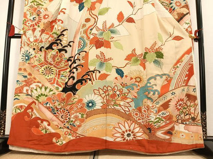 平和屋本店●アンティーク　大正ロマン　振袖　刺繍　草花文　金糸　金彩　正絹　逸品　AABL2813fy
