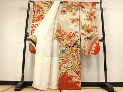 平和屋本店●アンティーク　大正ロマン　振袖　刺繍　草花文　金糸　金彩　正絹　逸品　AABL2813fy