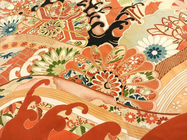 平和屋本店●アンティーク　大正ロマン　振袖　刺繍　草花文　金糸　金彩　正絹　逸品　AABL2813fy