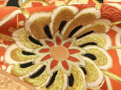 平和屋本店●アンティーク　大正ロマン　振袖　刺繍　草花文　金糸　金彩　正絹　逸品　AABL2813fy