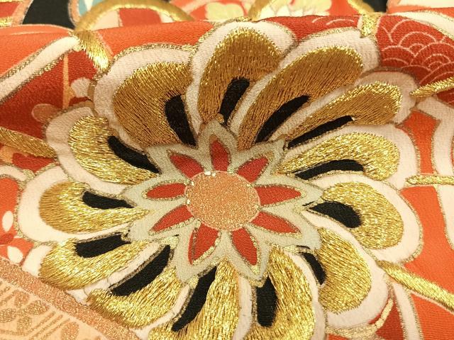 平和屋本店●アンティーク　大正ロマン　振袖　刺繍　草花文　金糸　金彩　正絹　逸品　AABL2813fy