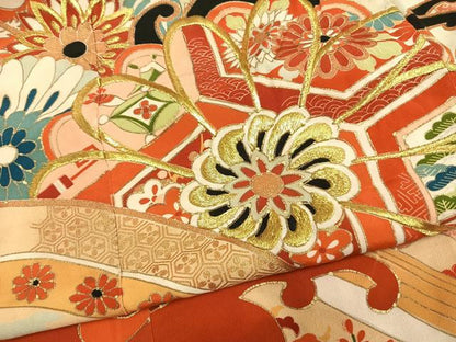 平和屋本店●アンティーク　大正ロマン　振袖　刺繍　草花文　金糸　金彩　正絹　逸品　AABL2813fy