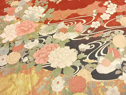 平和屋着物●豪華振袖　駒刺繍　花鳥文　金彩　正絹　逸品　AABL2823fy
