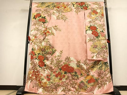 平和屋着物●豪華振袖　駒刺繍　扇面花文　金彩　正絹　逸品　AABL2825fy