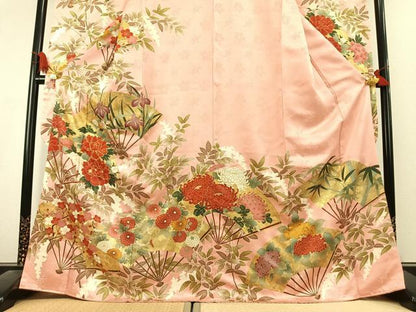 平和屋着物●豪華振袖　駒刺繍　扇面花文　金彩　正絹　逸品　AABL2825fy