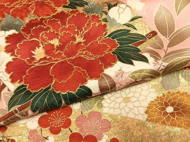 平和屋着物●豪華振袖　駒刺繍　扇面花文　金彩　正絹　逸品　AABL2825fy