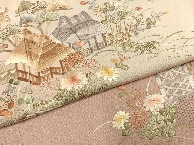 平和屋着物●訪問着　総刺繍　風景花文　暈し染め　正絹　逸品　AABL2828fy