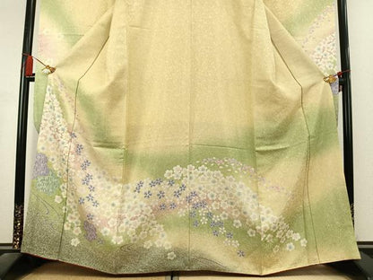 平和屋着物●豪華振袖　舞桜文　暈し染め　銀通し地　正絹　逸品　AABL2831fy