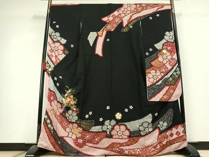平和屋着物●豪華振袖　駒刺繍　草花文　黒地　金彩　正絹　逸品　AABL2834fy