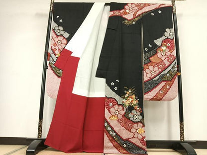 平和屋着物●豪華振袖　駒刺繍　草花文　黒地　金彩　正絹　逸品　AABL2834fy