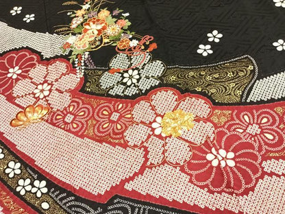 平和屋着物●豪華振袖　駒刺繍　草花文　黒地　金彩　正絹　逸品　AABL2834fy
