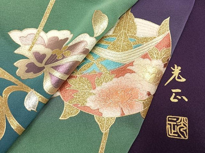 平和屋着物●金彩友禅　卓越技能者・名工・和田光正　振袖　糸車花文　暈し染め　金銀彩　正絹　逸品　AABL2837fy