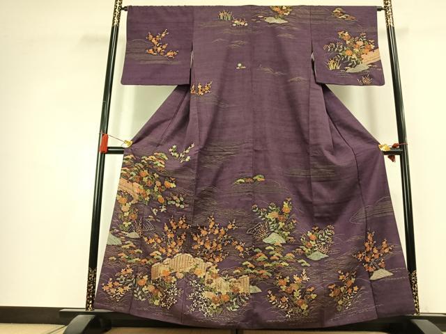 平和屋着物●訪問着　紬地　刺繍　風景花文　金彩　正絹　逸品　AABL2838fy