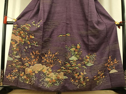 平和屋着物●訪問着　紬地　刺繍　風景花文　金彩　正絹　逸品　AABL2838fy