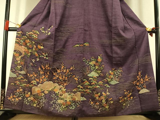 平和屋着物●訪問着　紬地　刺繍　風景花文　金彩　正絹　逸品　AABL2838fy