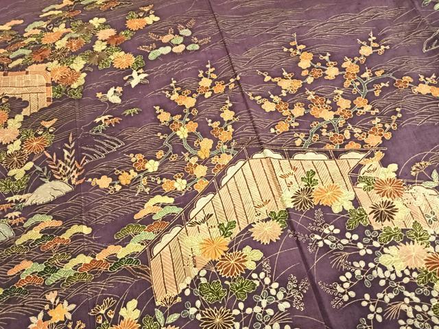 平和屋着物●訪問着　紬地　刺繍　風景花文　金彩　正絹　逸品　AABL2838fy
