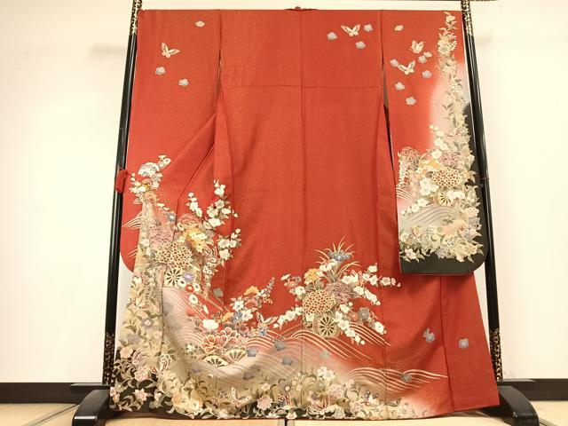平和屋着物●豪華振袖　刺繍　片輪車花蝶文　暈し染め　金糸　金銀彩　金通し地　正絹　逸品　AABL2839fy