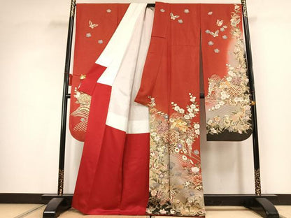 平和屋着物●豪華振袖　刺繍　片輪車花蝶文　暈し染め　金糸　金銀彩　金通し地　正絹　逸品　AABL2839fy