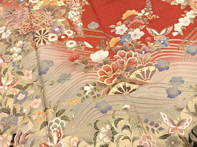 平和屋着物○豪華振袖 刺繍 片輪車花蝶文 暈し染め
