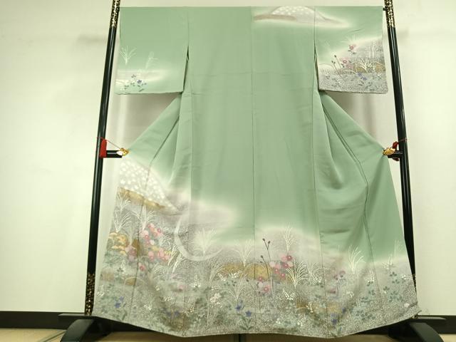 平和屋着物●訪問着　駒刺繍　草花文　暈し染め　金彩　正絹　逸品　未使用　AABL2849fy