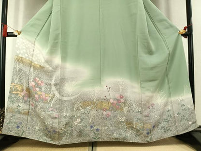 平和屋着物●訪問着　駒刺繍　草花文　暈し染め　金彩　正絹　逸品　未使用　AABL2849fy