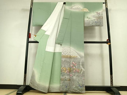 平和屋着物●訪問着　駒刺繍　草花文　暈し染め　金彩　正絹　逸品　未使用　AABL2849fy