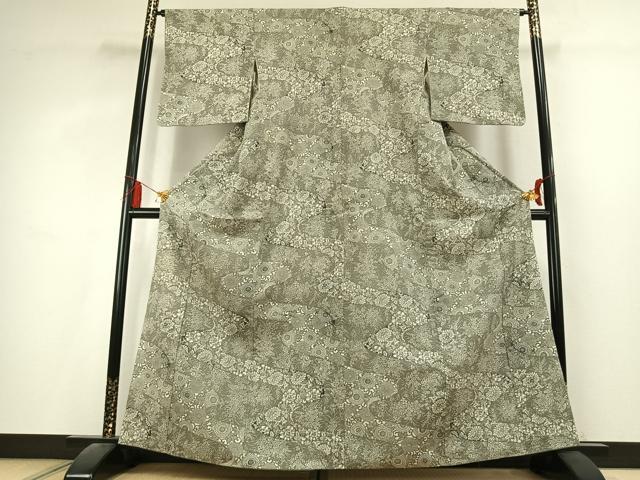 平和屋着物●上質な小紋　紬地　型染め　草花文　正絹　逸品　AABL2852fy