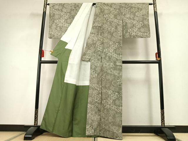 平和屋着物●上質な小紋　紬地　型染め　草花文　正絹　逸品　AABL2852fy