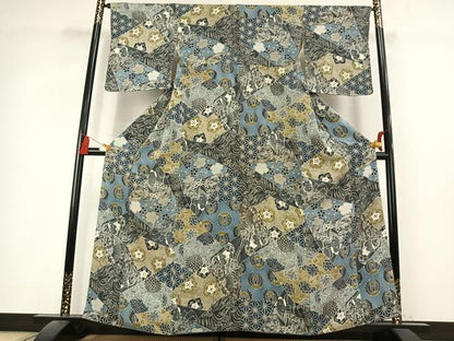 平和屋着物●上質な小紋　切嵌人物花文　鬼しぼ縮緬　正絹　逸品　AABL2853fy