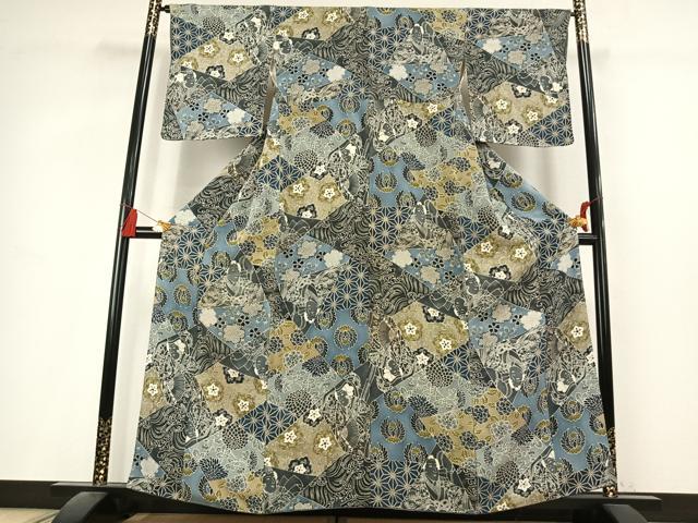 平和屋着物●上質な小紋　切嵌人物花文　鬼しぼ縮緬　正絹　逸品　AABL2853fy