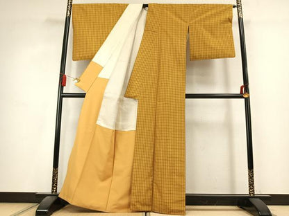 平和屋着物●本場黄八丈　平織　紬　格子　正絹　逸品　AABL2854fy