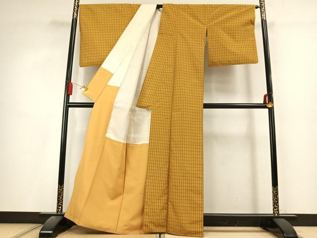 平和屋着物●本場黄八丈　平織　紬　格子　正絹　逸品　AABL2854fy