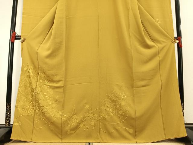 平和屋着物●豪華振袖　中国三大刺繍　スワトウ刺繍　汕頭刺繍　総刺繍　片輪車花地紋　芥子色　正絹　逸品　AABL2860fy