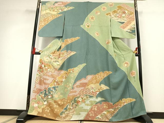 平和屋着物●京友禅の第一人者　松井青々　訪問着　絞り　駒刺繍　花鳥文　金銀彩　正絹　逸品　AABL2877fy