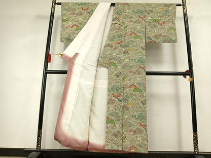 平和屋着物●上質な小紋　秘法古代染　雲取り花文　鬼しぼ縮緬　浜ちりめん　反端付き　正絹　逸品　AABL2888fy
