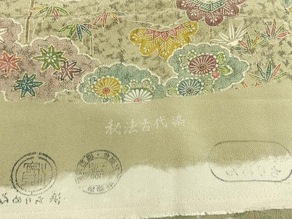 平和屋着物●上質な小紋　秘法古代染　雲取り花文　鬼しぼ縮緬　浜ちりめん　反端付き　正絹　逸品　AABL2888fy