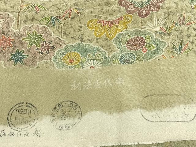 平和屋着物●上質な小紋　秘法古代染　雲取り花文　鬼しぼ縮緬　浜ちりめん　反端付き　正絹　逸品　AABL2888fy