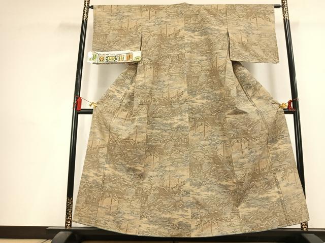平和屋着物●本場本真綿結城紬　100亀甲　風景文　証紙付き　正絹　逸品　未使用　AABL2906fy