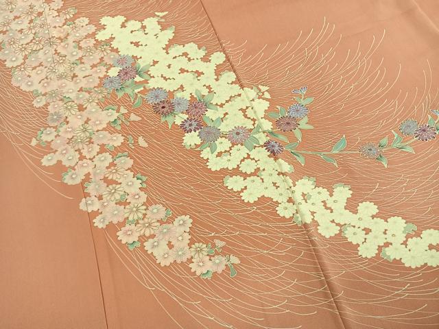 平和屋着物●訪問着　友禅　草花文　金彩　反端付き　正絹　逸品　AABL2918fy