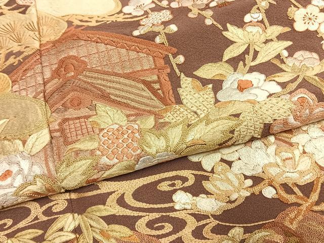 平和屋着物●豪華色留袖　中国三大刺繍　相良刺繍　総刺繍　作家物　松竹梅　風景文　金糸　正絹　逸品　未使用　AABL2923fy