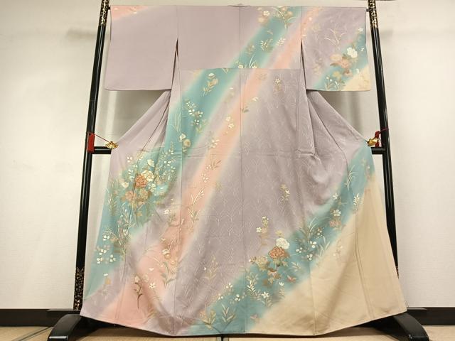 平和屋着物●訪問着　駒刺繍　草花文　暈し染め　金彩　正絹　逸品　AABL2927fy