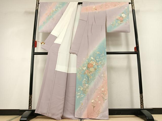 平和屋着物●訪問着　駒刺繍　草花文　暈し染め　金彩　正絹　逸品　AABL2927fy