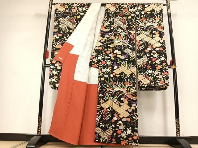 平和屋着物●豪華振袖　駒刺繍　草花文　黒地　金彩　正絹　逸品　AABL2928fy